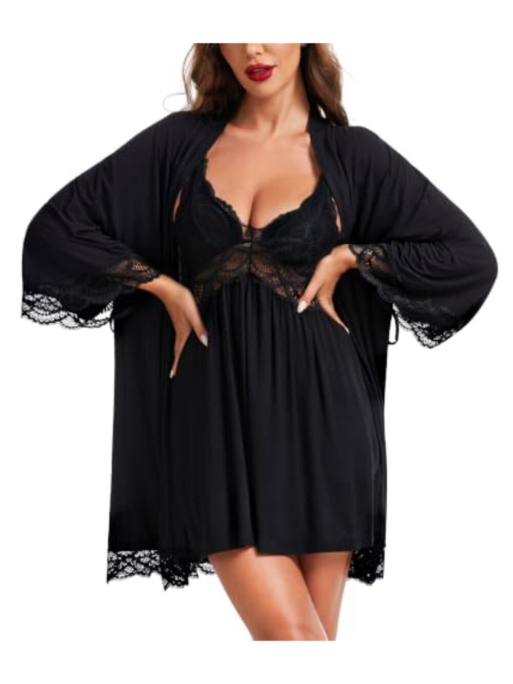 RSLOVE Lace Chemise Nightgown & Robe Set Modal Sleepwear 2 Piece